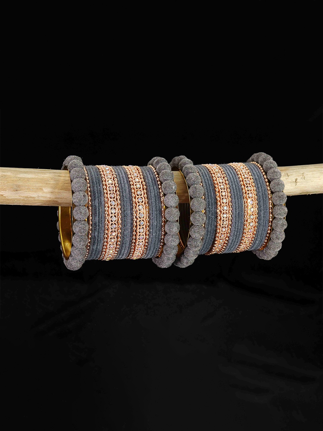

ZULKA Set of 44 Gold Metal American Diamond Velvet Bangles, Grey