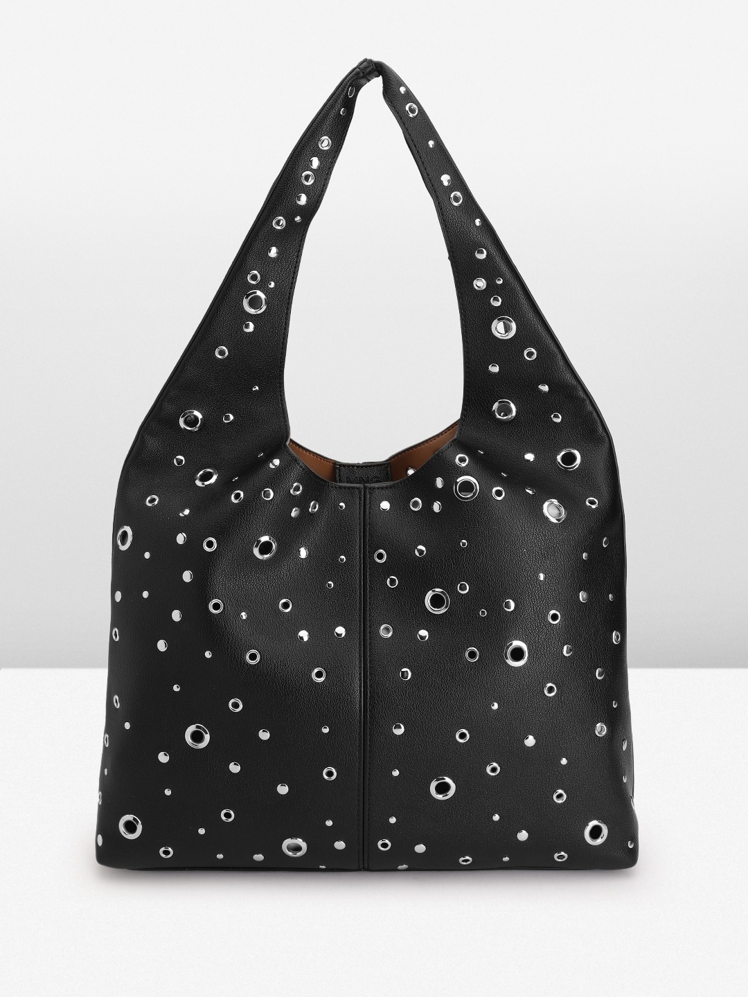 

MANGO Women Rivets Studded Oversized Structured Hobo Bag, Black