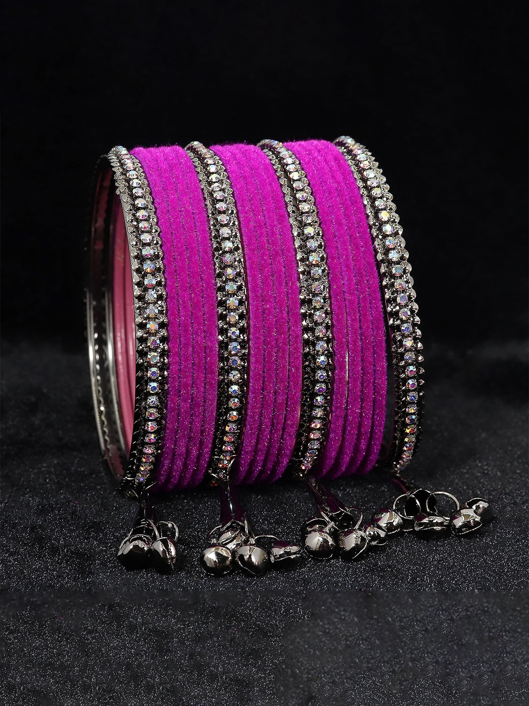 

ZULKA Set of 16 Artificial Stones and Beads Studded Latkan Bangles, Black