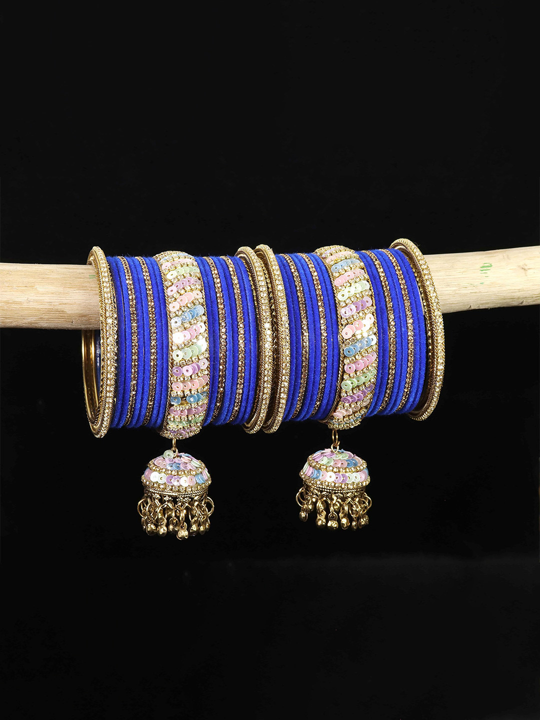 

ZULKA Set of 38 Zircon Diamond & Bells Latkan Bangles, Black