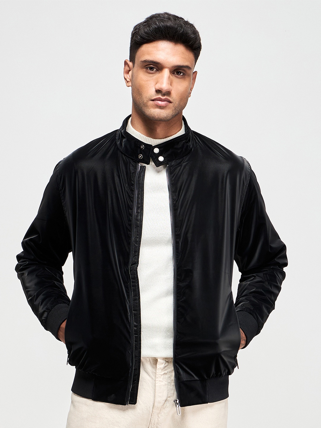 

Red Flame Men Bomber Jacket, Black