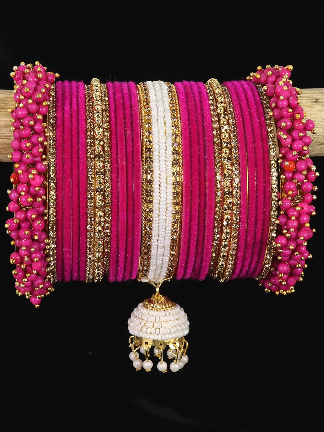 

ZULKASet of 54 Latest Metal with Pearls Zircon & Velvet Bangles Bridal Chuda with Latkan, Red