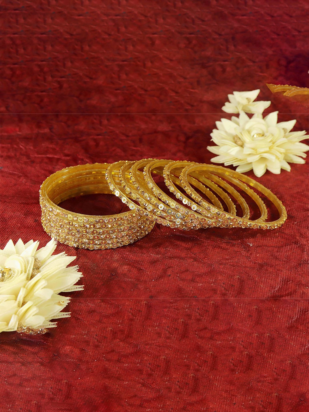 

ZULKA Set of 40 American Diamond with Golden Beads Glass and Adhesive Bangle, Gold