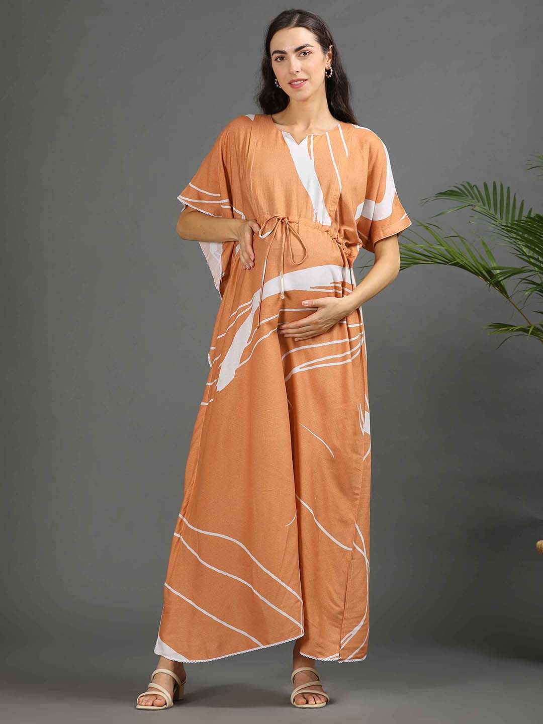 

GOLDSTROMS Women Printed Maternity Kaftan Maxi Ethnic Dress, Orange