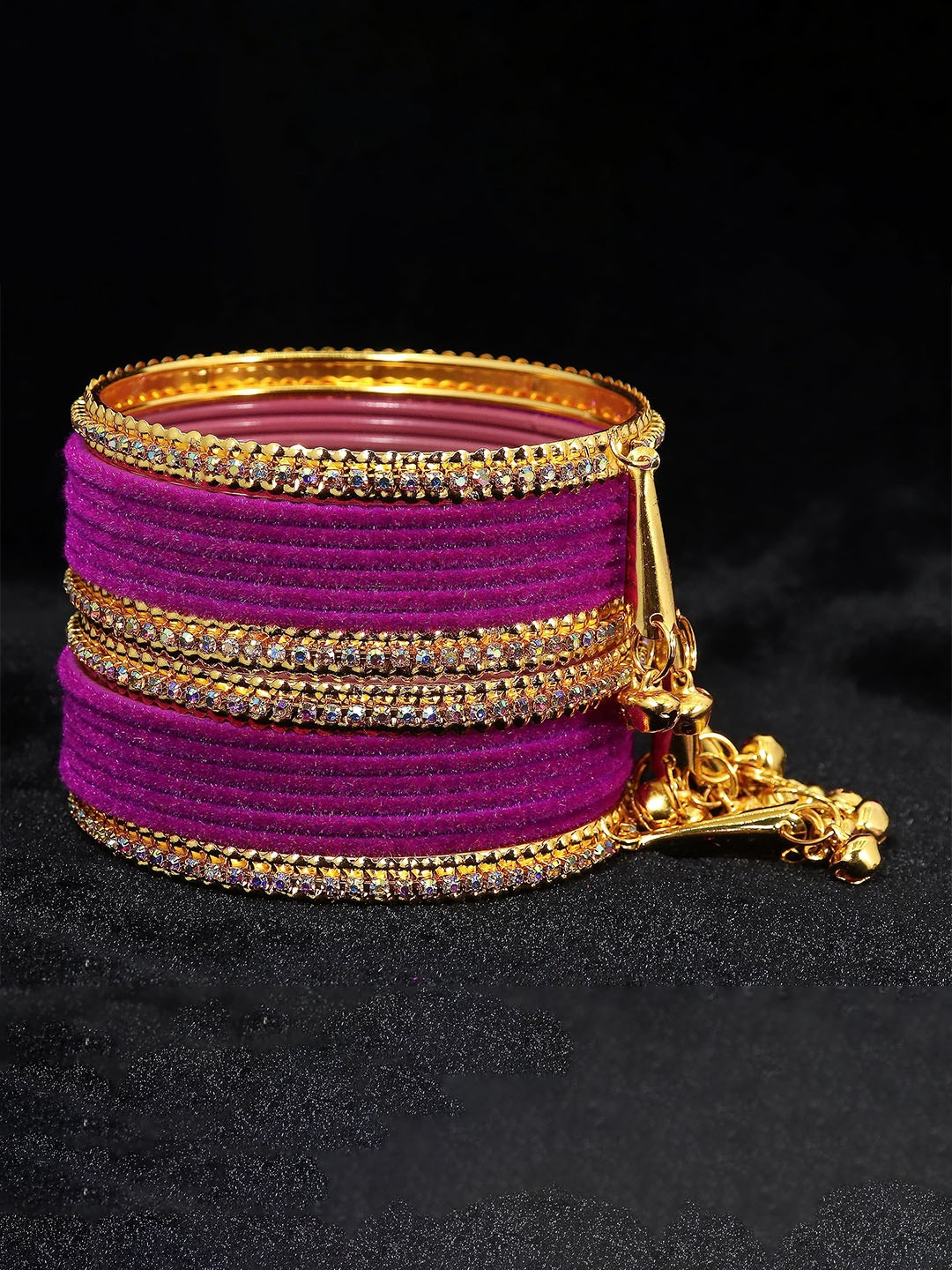 

ZULKA Set of 16 Metal with Zircon Gemstone and Velvet Studded Latkan Bangles, Red