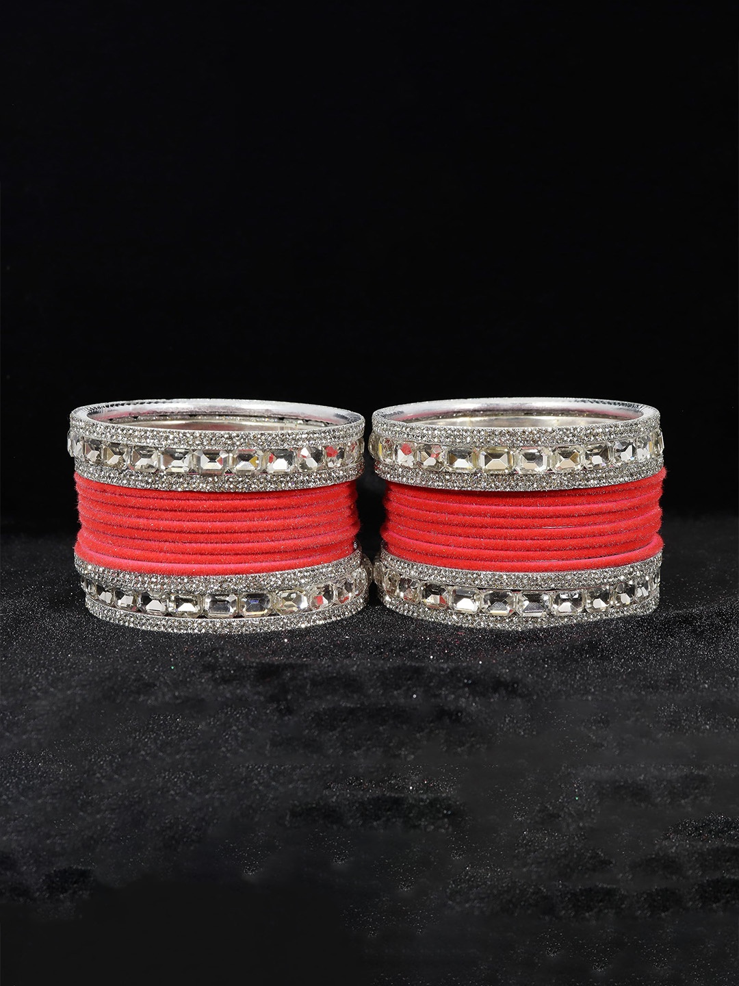 

ZULKA Set Of 28 Alloy Base Velvet Finish Artificial Studded Bangels, Silver