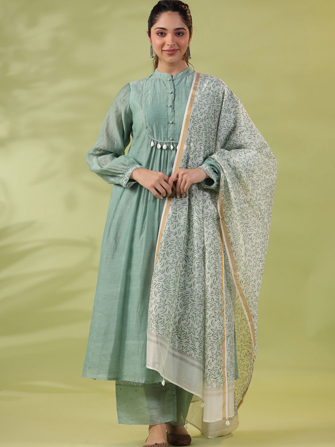 

AMOREE Mandarin Collar Pure Silk Anarkali Kurta With Trousers & Dupatta, Green