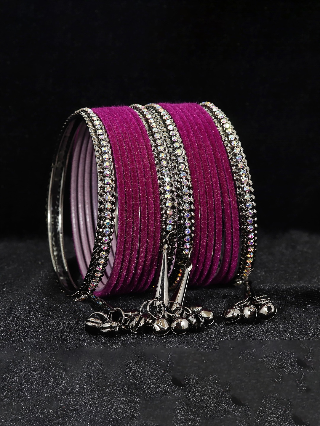 

ZULKA Set of 16 Zircon Stone & Velvet Latkan Bangles, Green