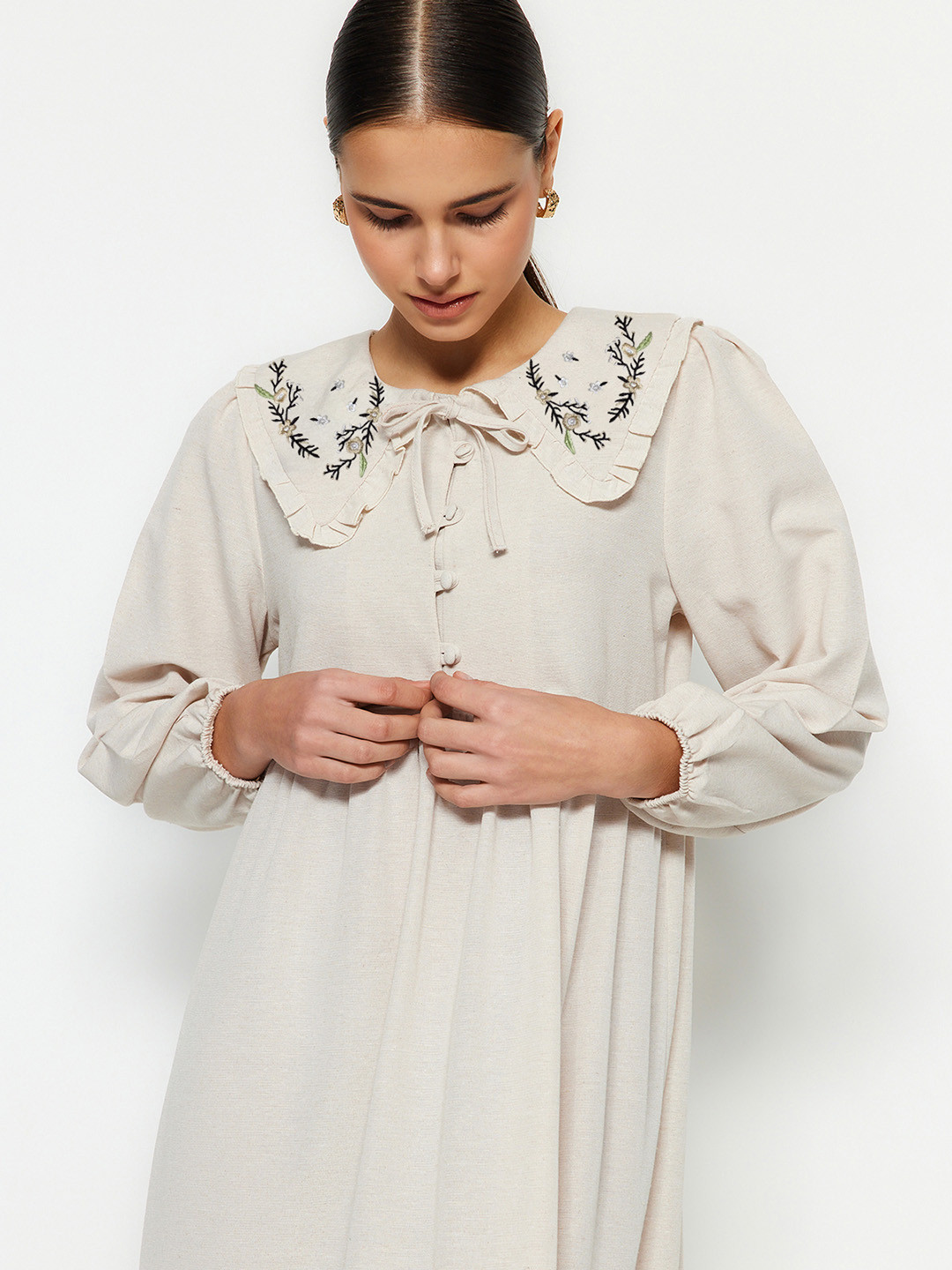 

Trendyol Tie-Up Neck A-Line Maxi Dress, Cream