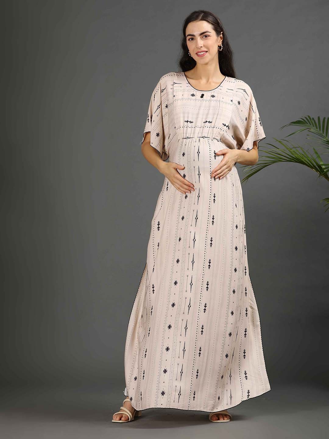 

GOLDSTROMS Women Printed Kaftan Maternity Long Gown, Beige