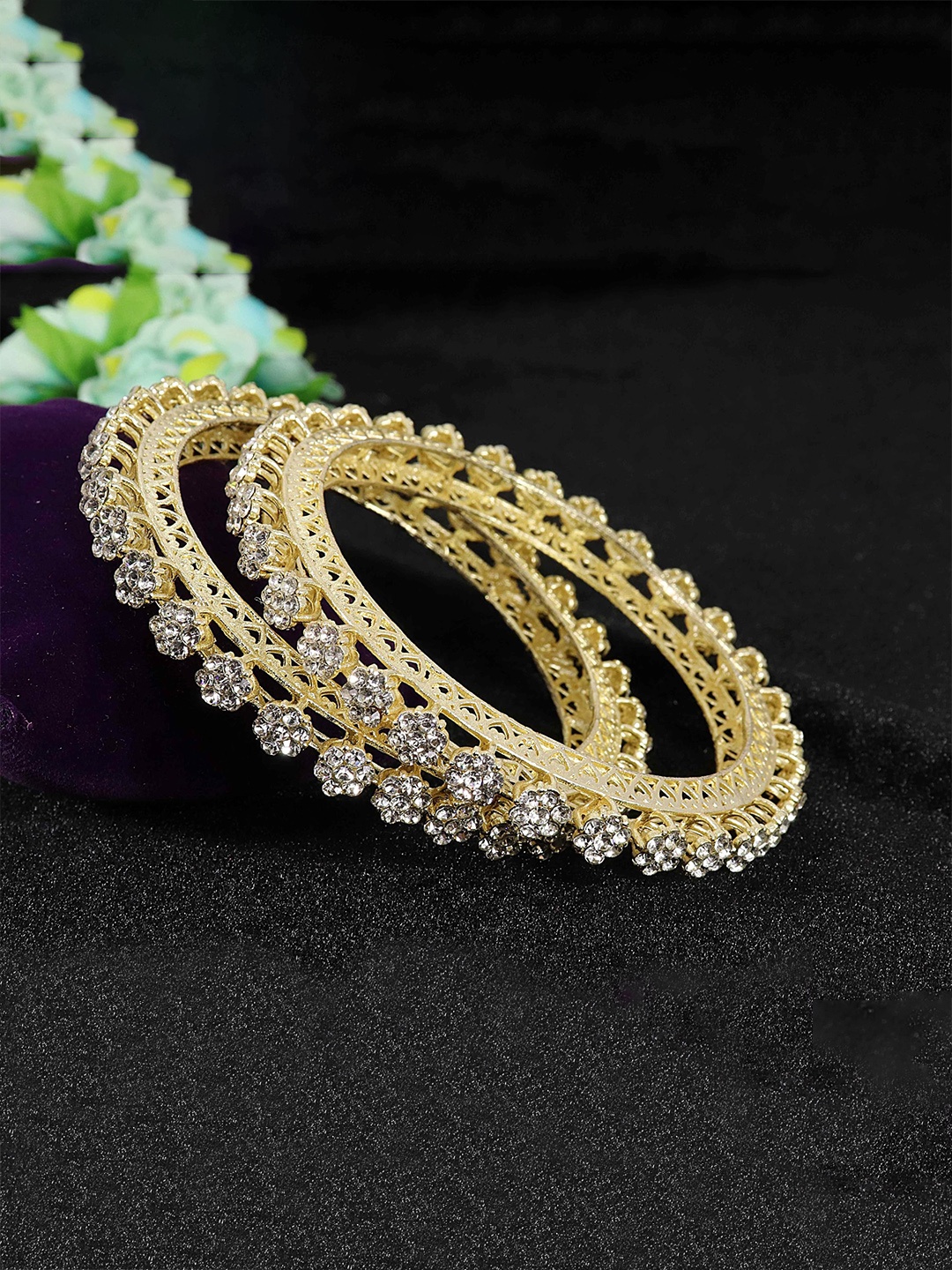 

ZULKASet of 2 Gold Plated Metal CZ Studded Kada Bangles