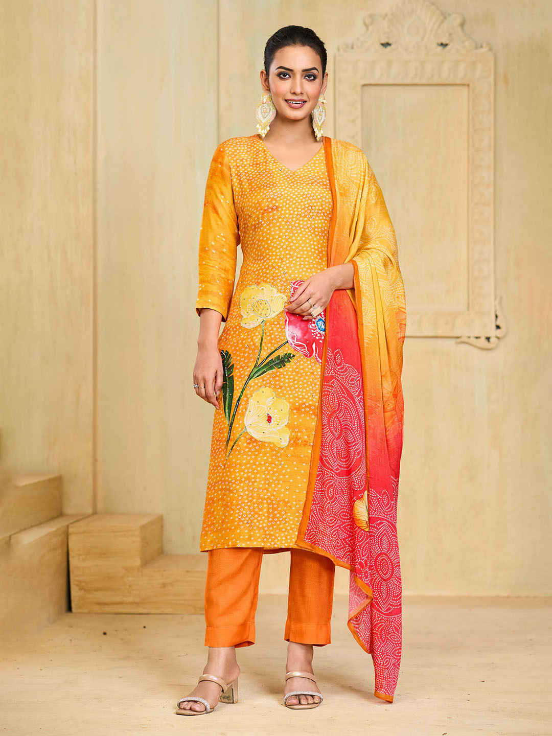 

all about you Floral Embroidered V-Neck Straight Kurta With Trousers & Dupatta, Yellow
