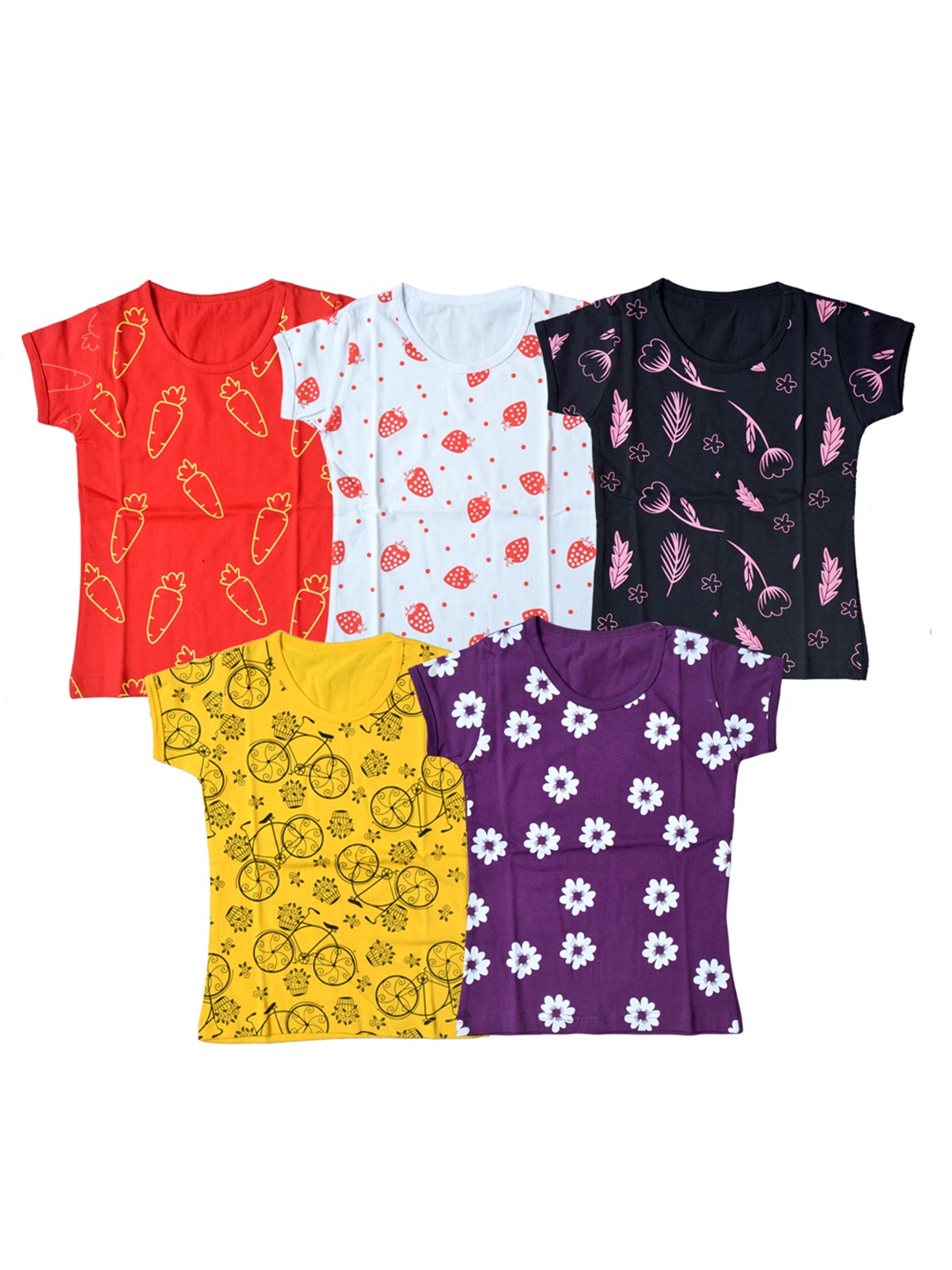

FAZZA Girls Pack Of 5 Conversational Printed Round Neck Cotton T-shirts, Red