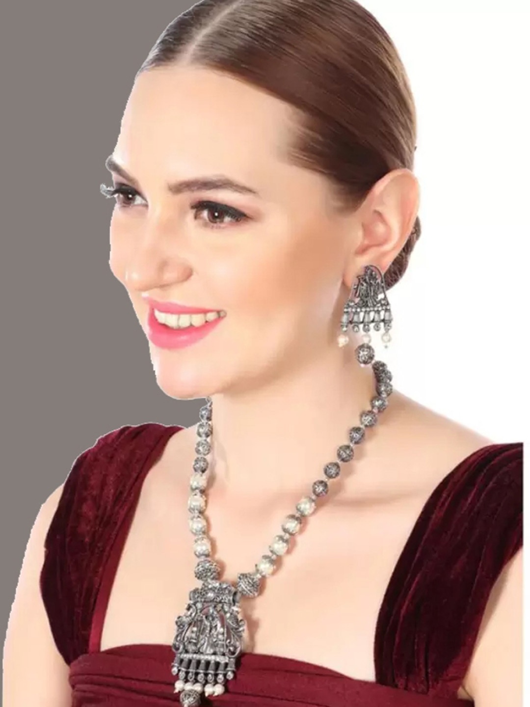 

RHOSYN Silver Plated Stone Studded & Beaded Jewellery Set