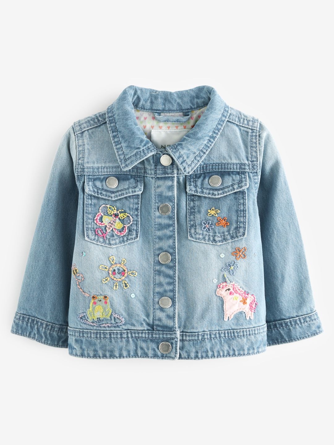 

NEXT Girls UNICORN Washed with Embroidery Pure Cotton Denim Jacket, Blue