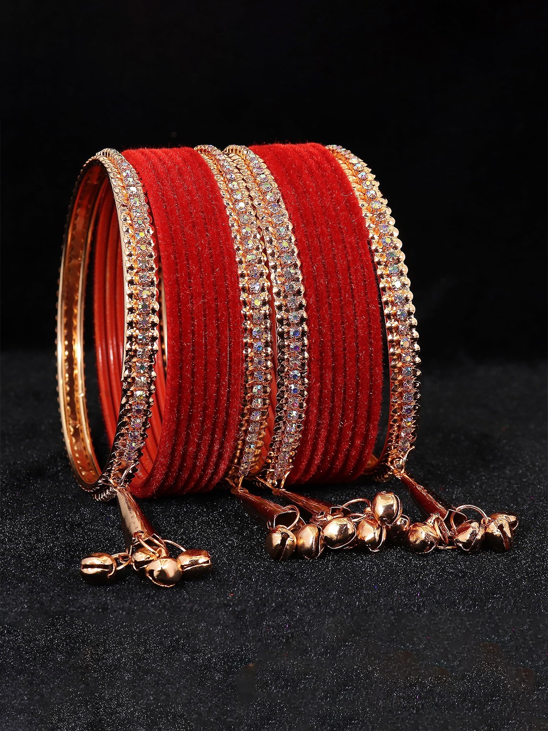 

ZULKA Set of 16 Gold-Plated Artificial Stones and Beads Studded Latkan Bangles, Red
