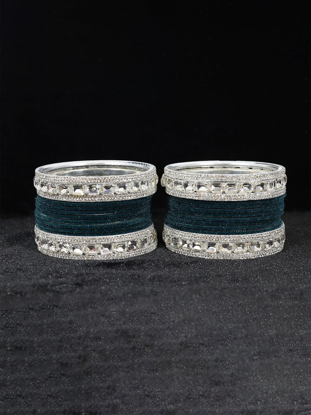 

ZULKA Set of 28 Silver Plated Teal & White Stone-Studded Velvet Bangles