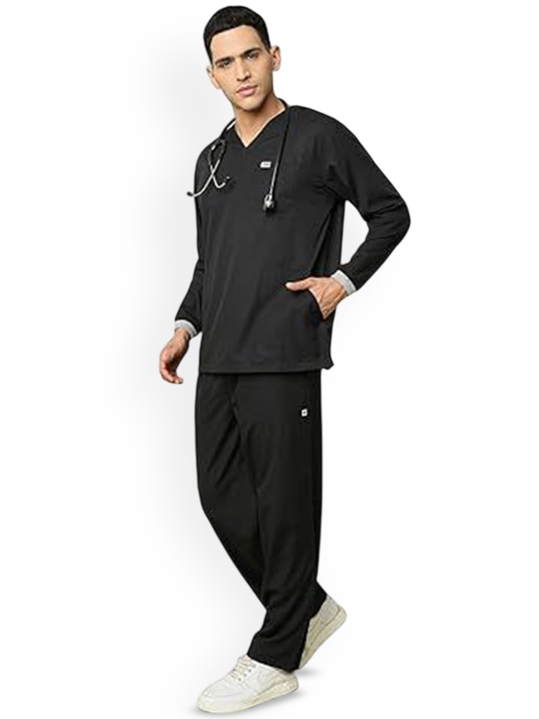 

KNYA Men 5-Pocket Long Sleeves Active Scrub Suit, Black