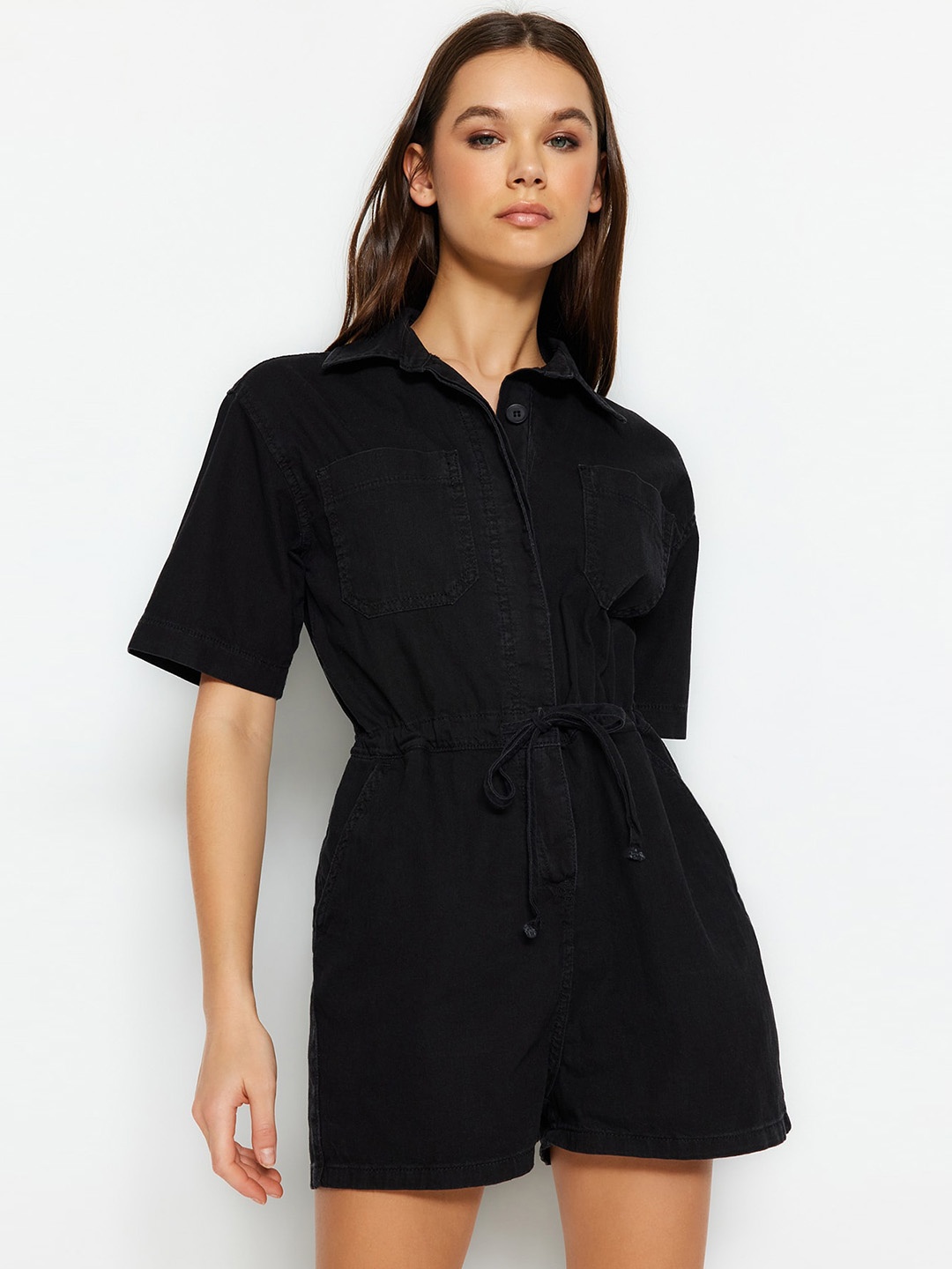 

Trendyol Shirt Collar Pure Cotton Playsuit, Black