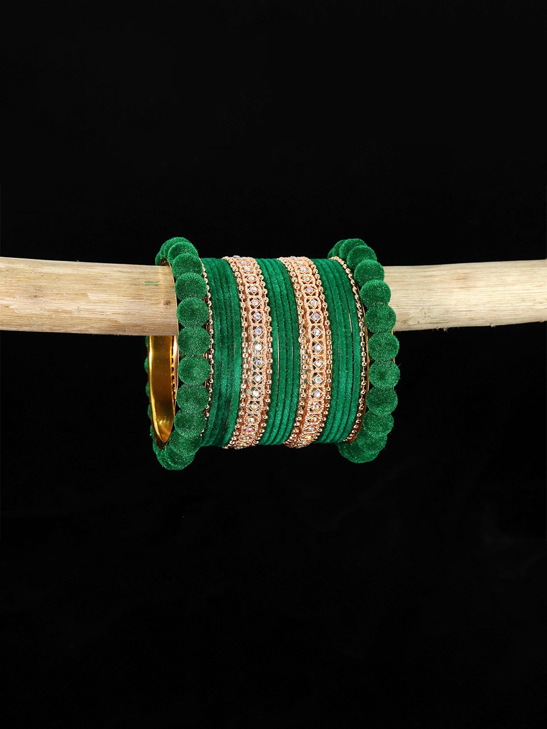 

ZULKA Set of 44 Gold Metal Velvet Bangles Chuda with American Diamond & BallChain, Multi