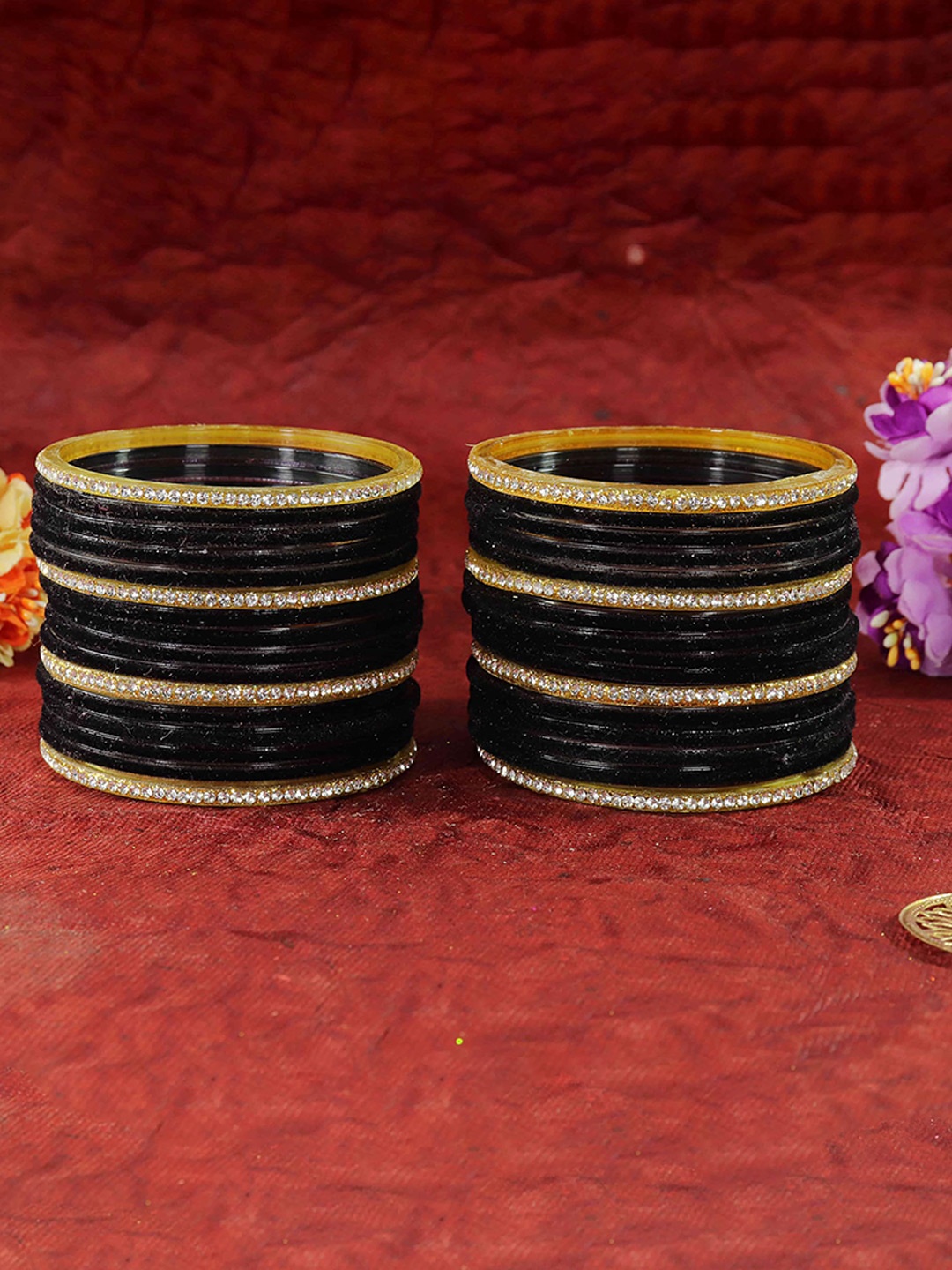 

ZULKA Set of 32 Glass with Velvet & Golden Zircon Diamond Stone Bangles, Black