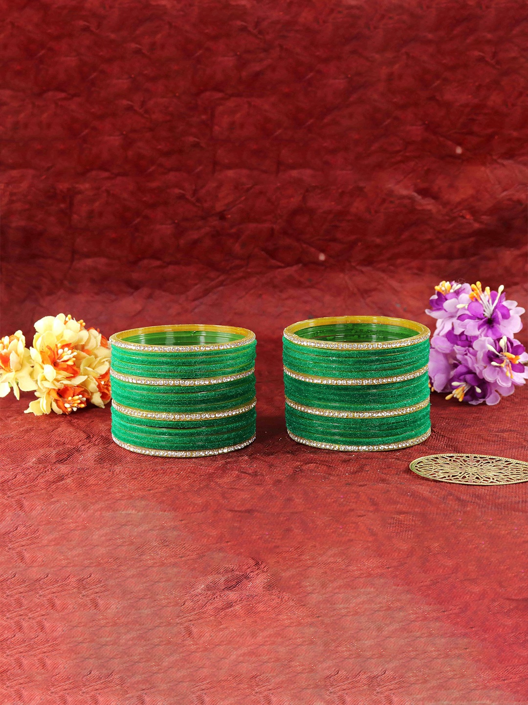 

ZULKA Set of 32 Glass with Velvet & Golden Zircon Diamond Stone Bangles, Green