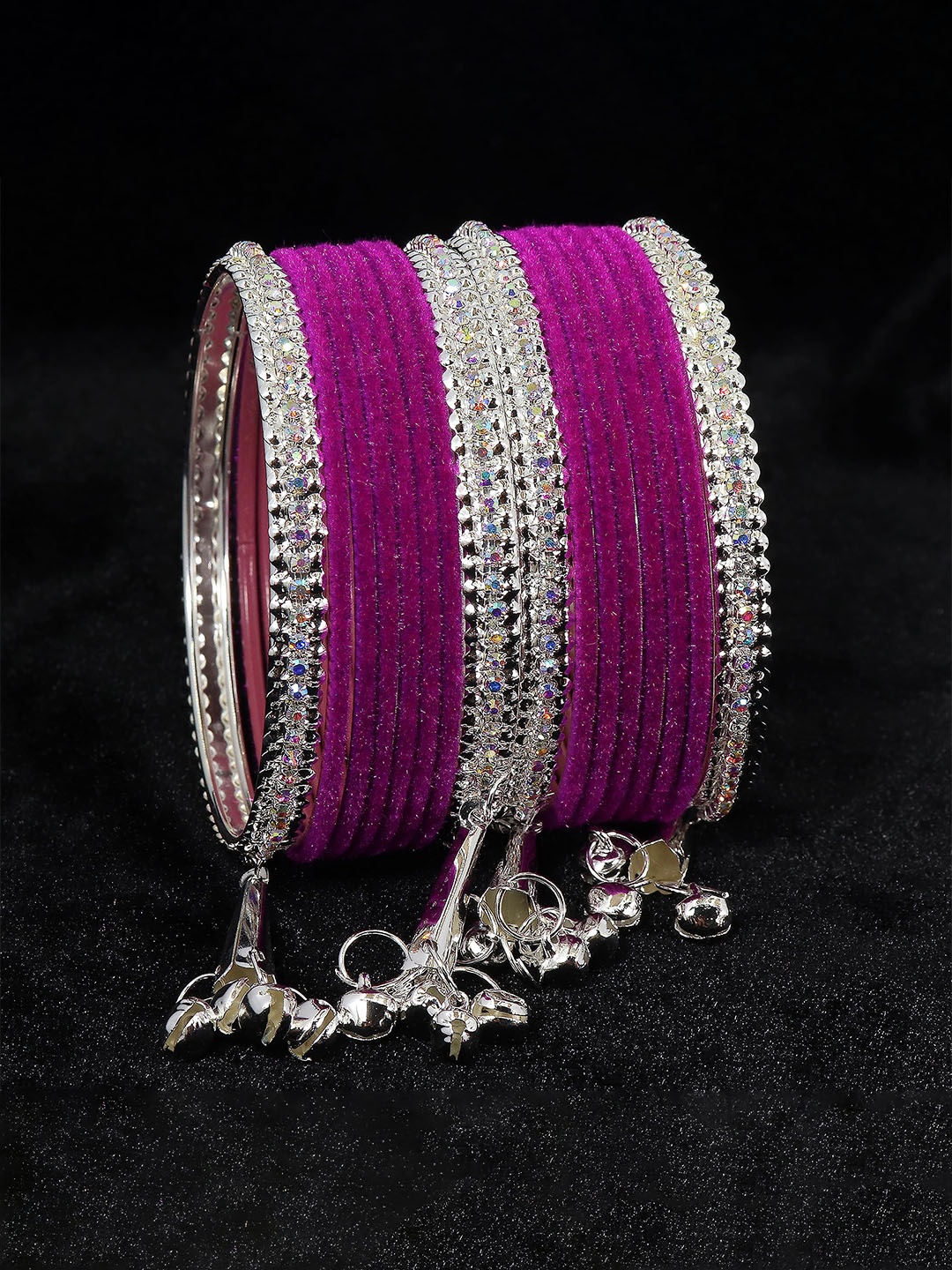 

ZULKA Set of 16 Metal with Zircon Gemstone and Velvet Studded Latkan Bangles, Black