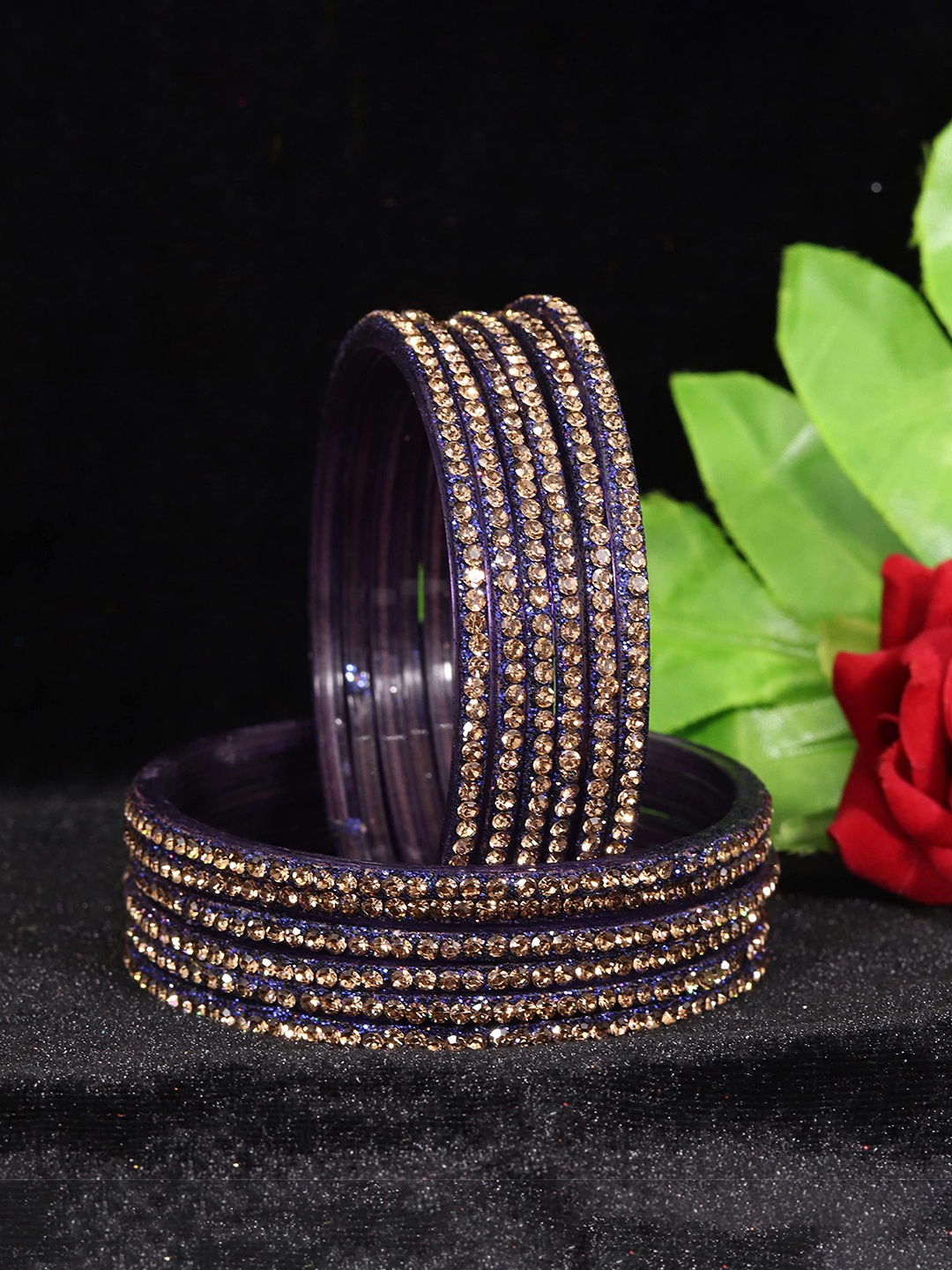 

ZULKA Set of 12 Artificial Stones and Beads Studded Bangles, Purple