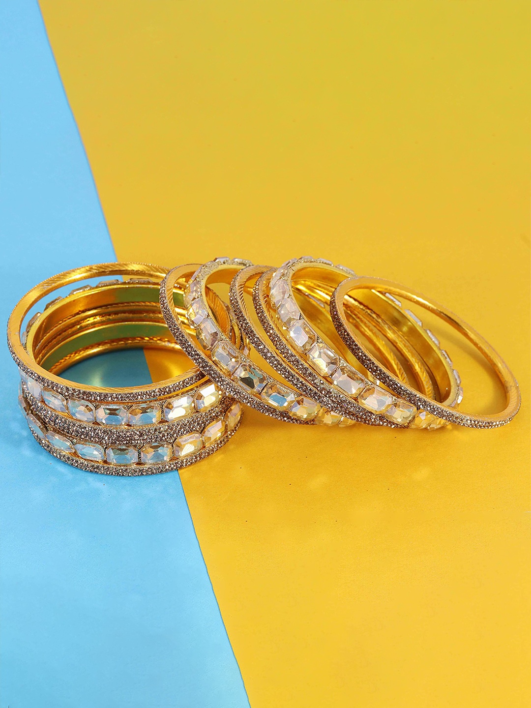 

ZULKA Set of 44 Gold Metal Velvet Bangles Chuda with American Diamond & BallChain
