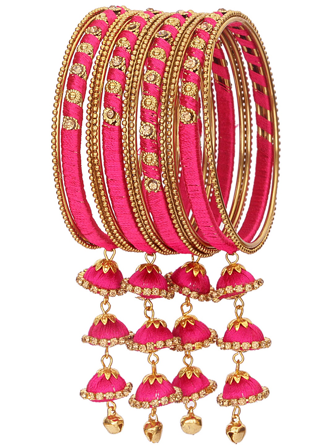 

ZULKA Set Of 20 Non-Precious Metal Silk Thread and Zircon Gemstone Worked Bangle ;, Pink