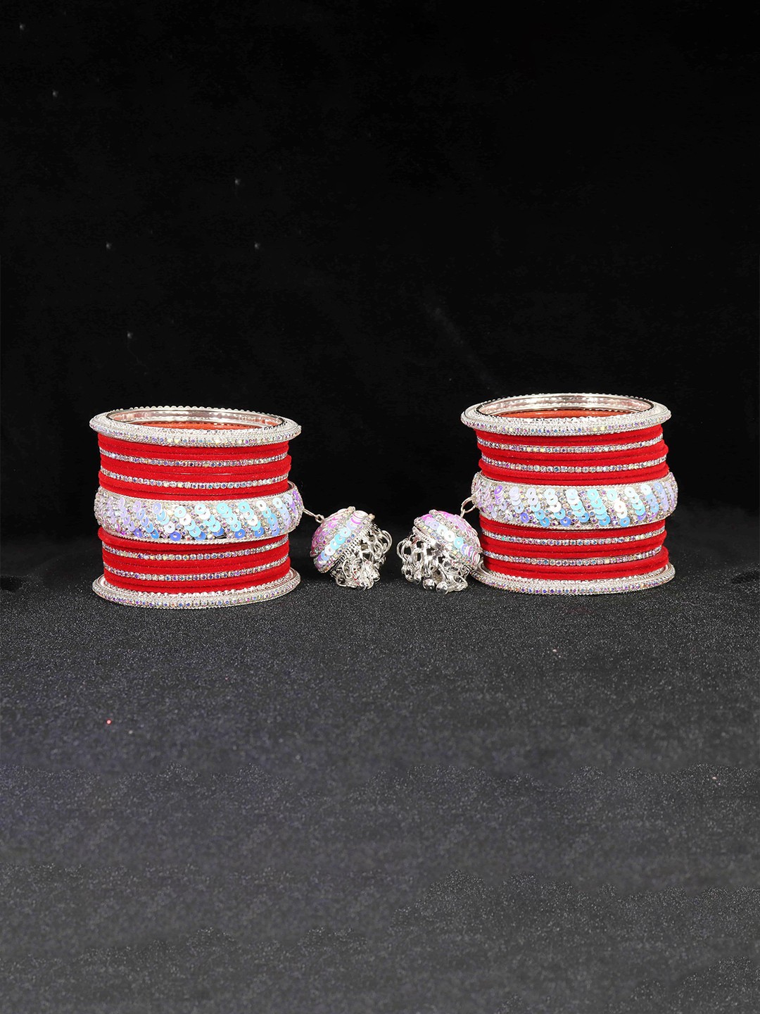 

ZULKA Set of 32 Glass with Velvet & Golden Zircon Diamond Stone Bangles, Red