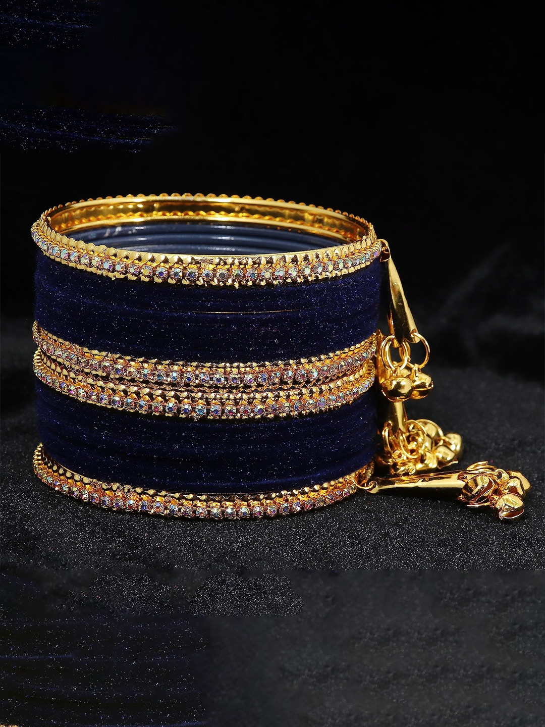 

ZULKA Pack Of 16 Zircon Gemstone Stones and Beads Studded Latkan Bangles, Navy blue