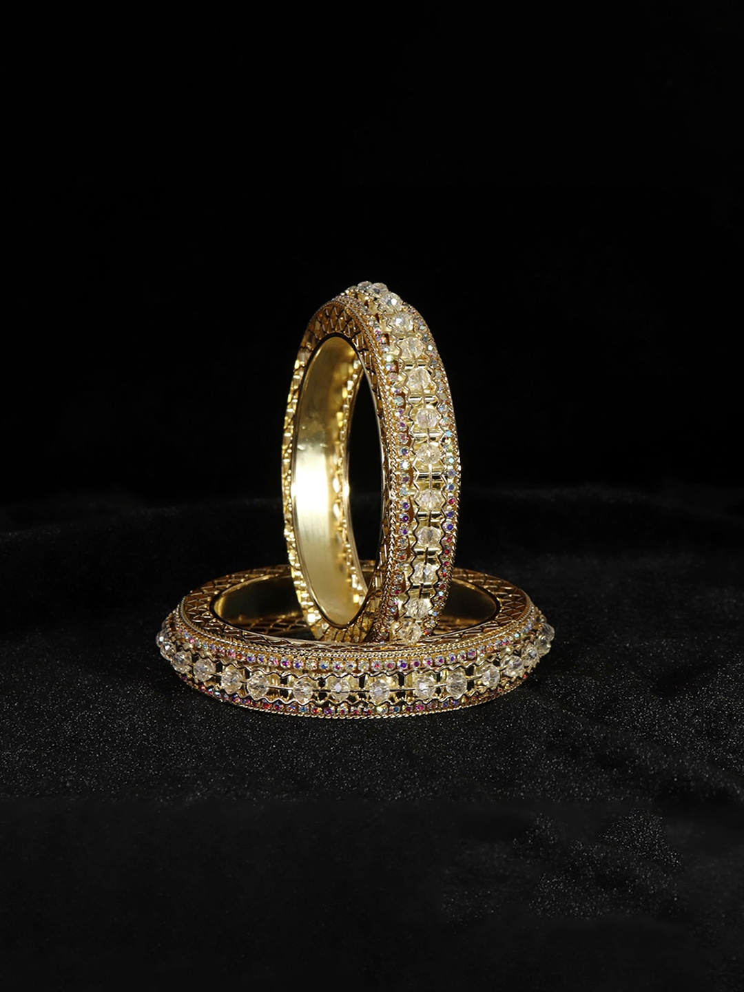 

ZULKA Set Of 2 Metal CZ Studded Kada Bangles, Gold