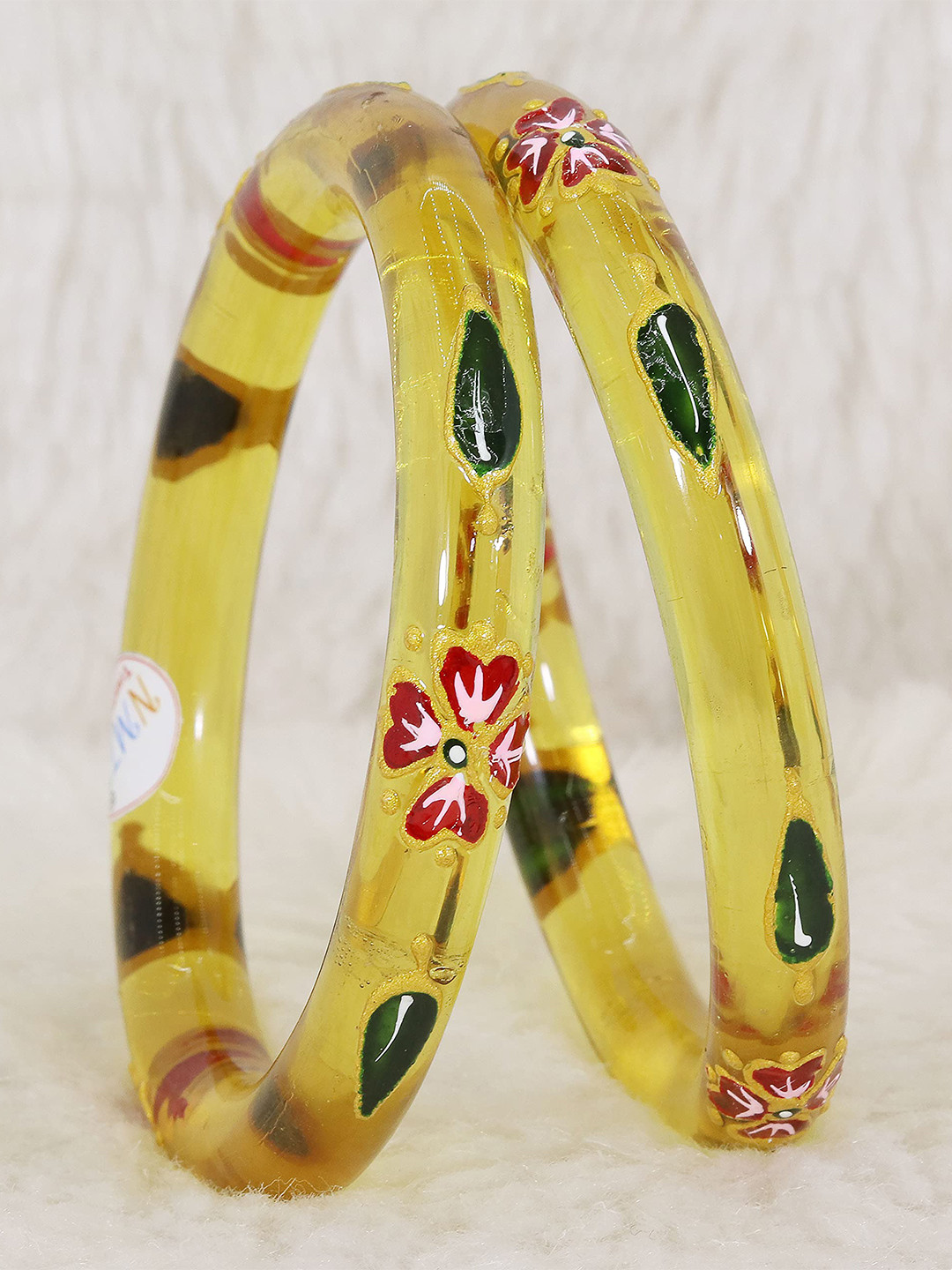 

ZULKA Set of 2 Glass Floral Printed Bangles, Yellow