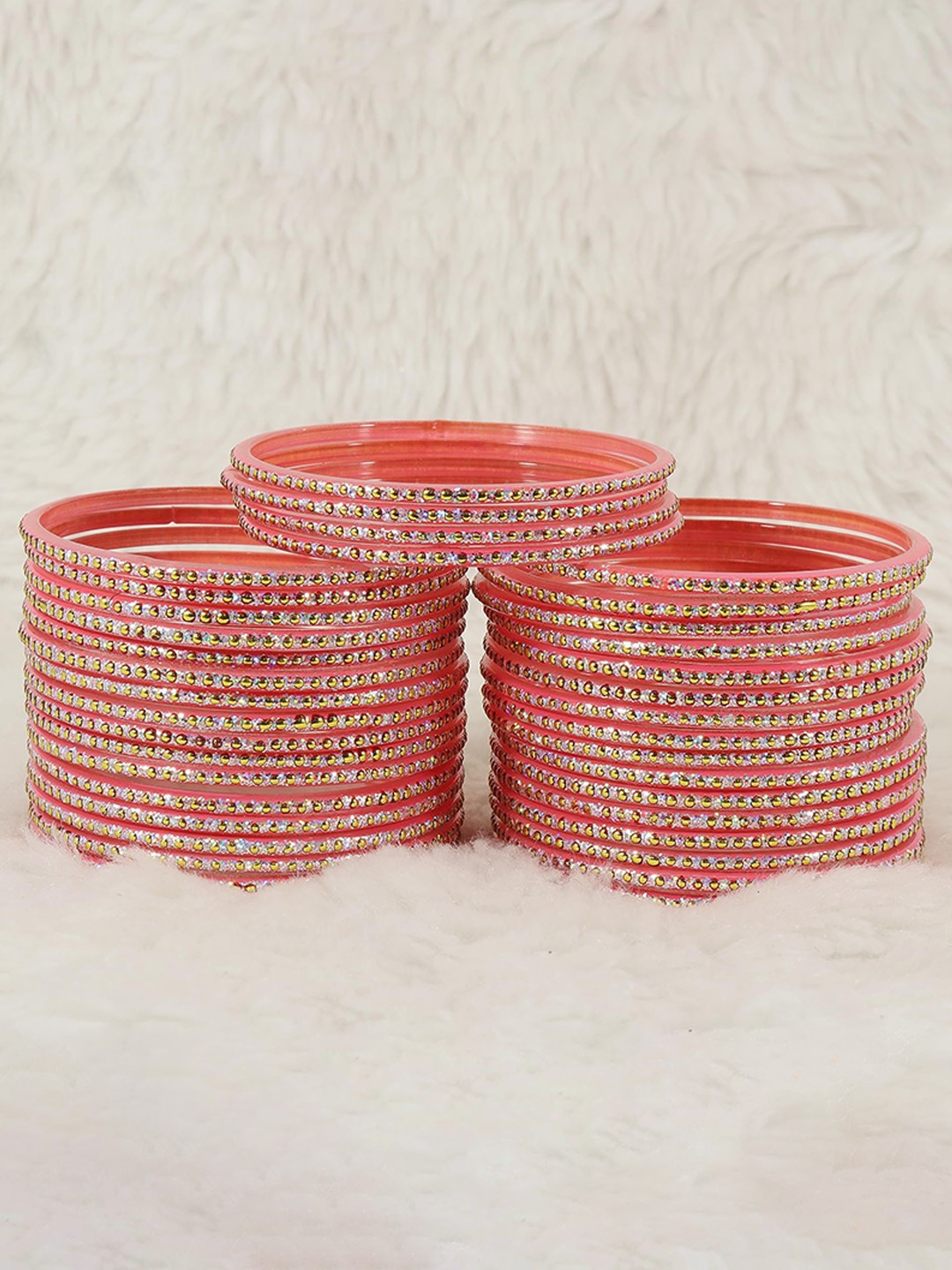

ZULKA Set of 36 Women Glass Golden Polka Dots & Glitter Bangles, Peach