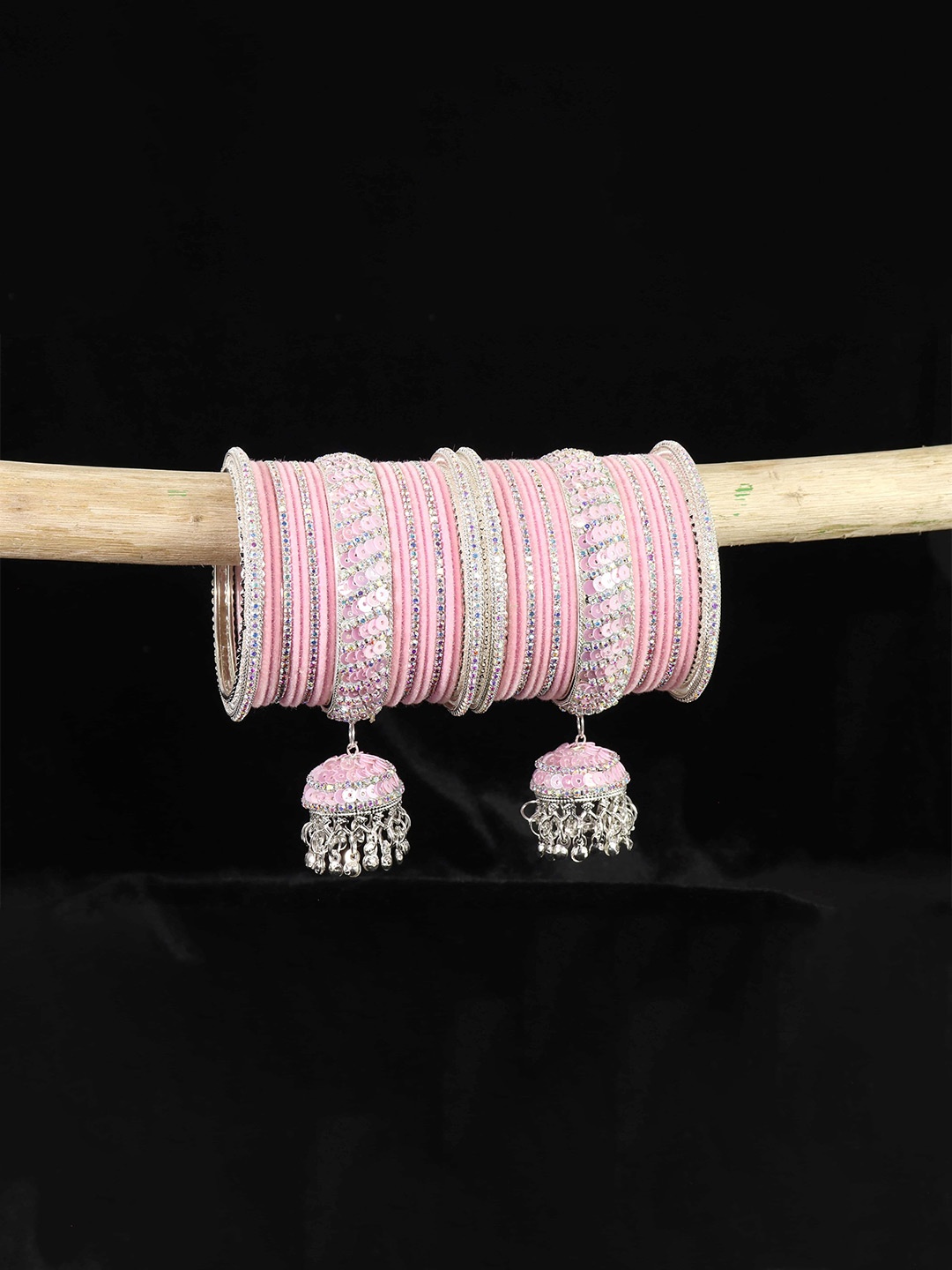 

ZULKA Set of 32 Glass with Velvet & Golden Zircon Diamond Stone Bangles, Green