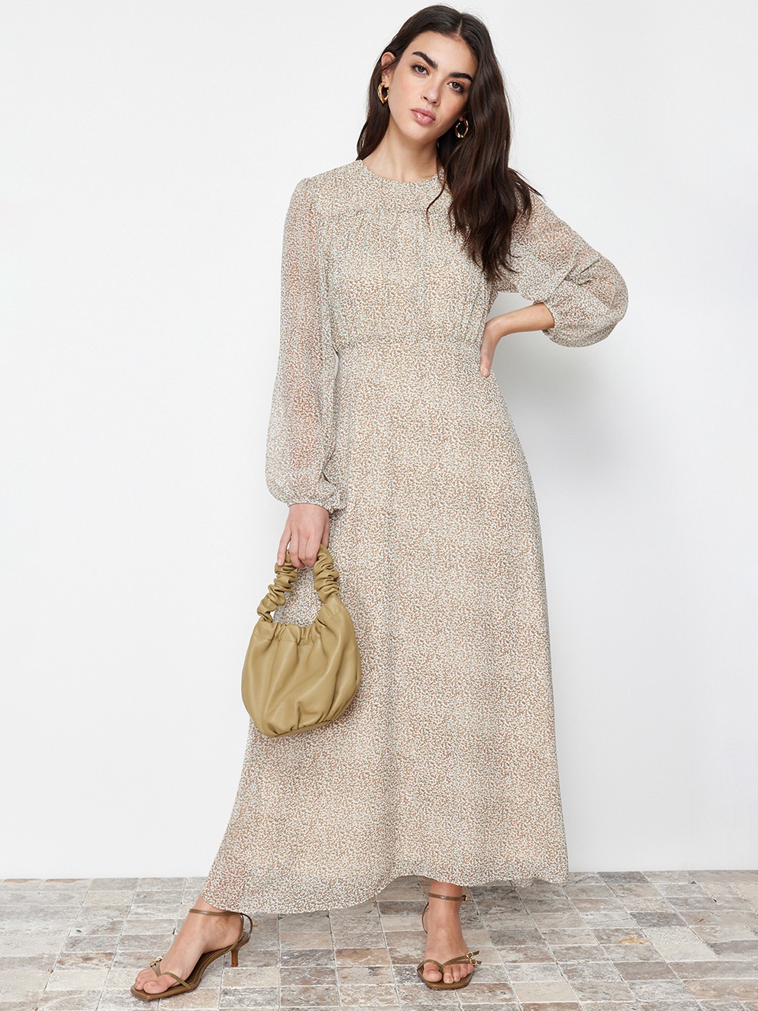 

Trendyol Floral Print Puff Sleeve Maxi Dress, White