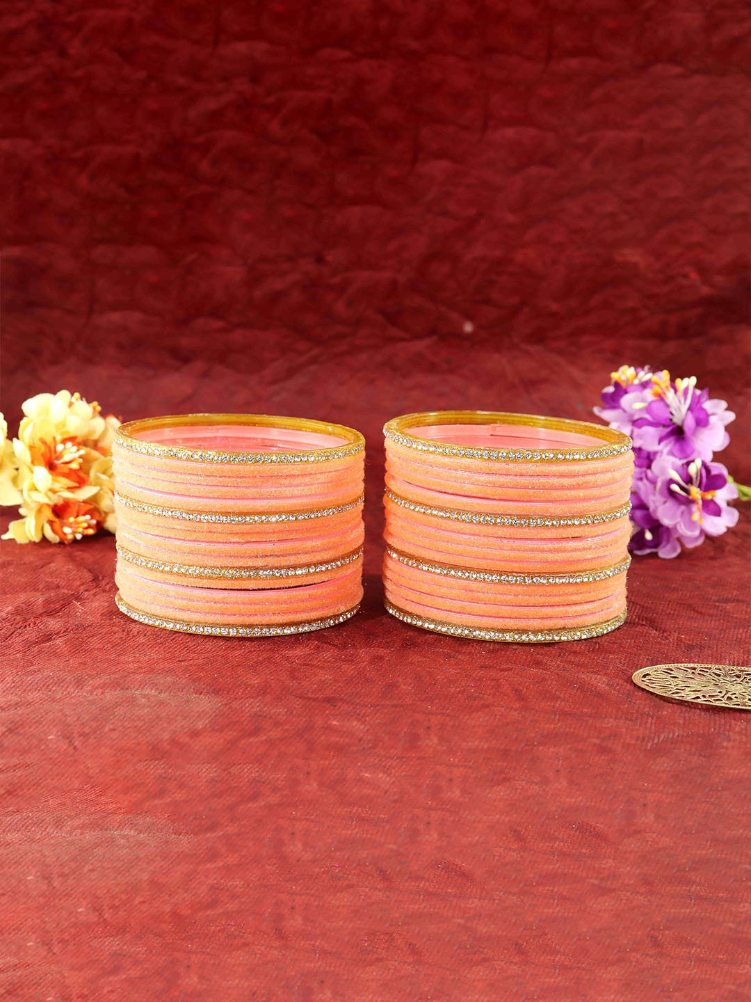 

ZULKA Set of 32 Glass with Velvet & Golden Zircon Diamond Stone Bangles, Red