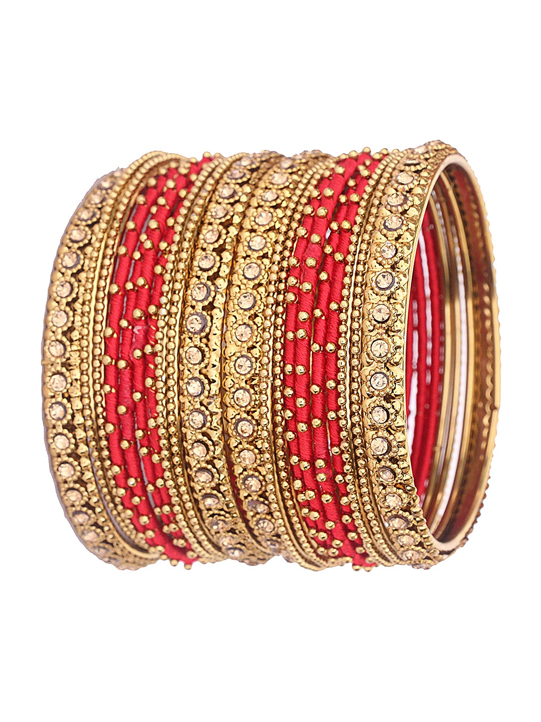 

ZULKA Set of 28 Metal With Zircon Gemstone Studded Traditional Bangle, Peach