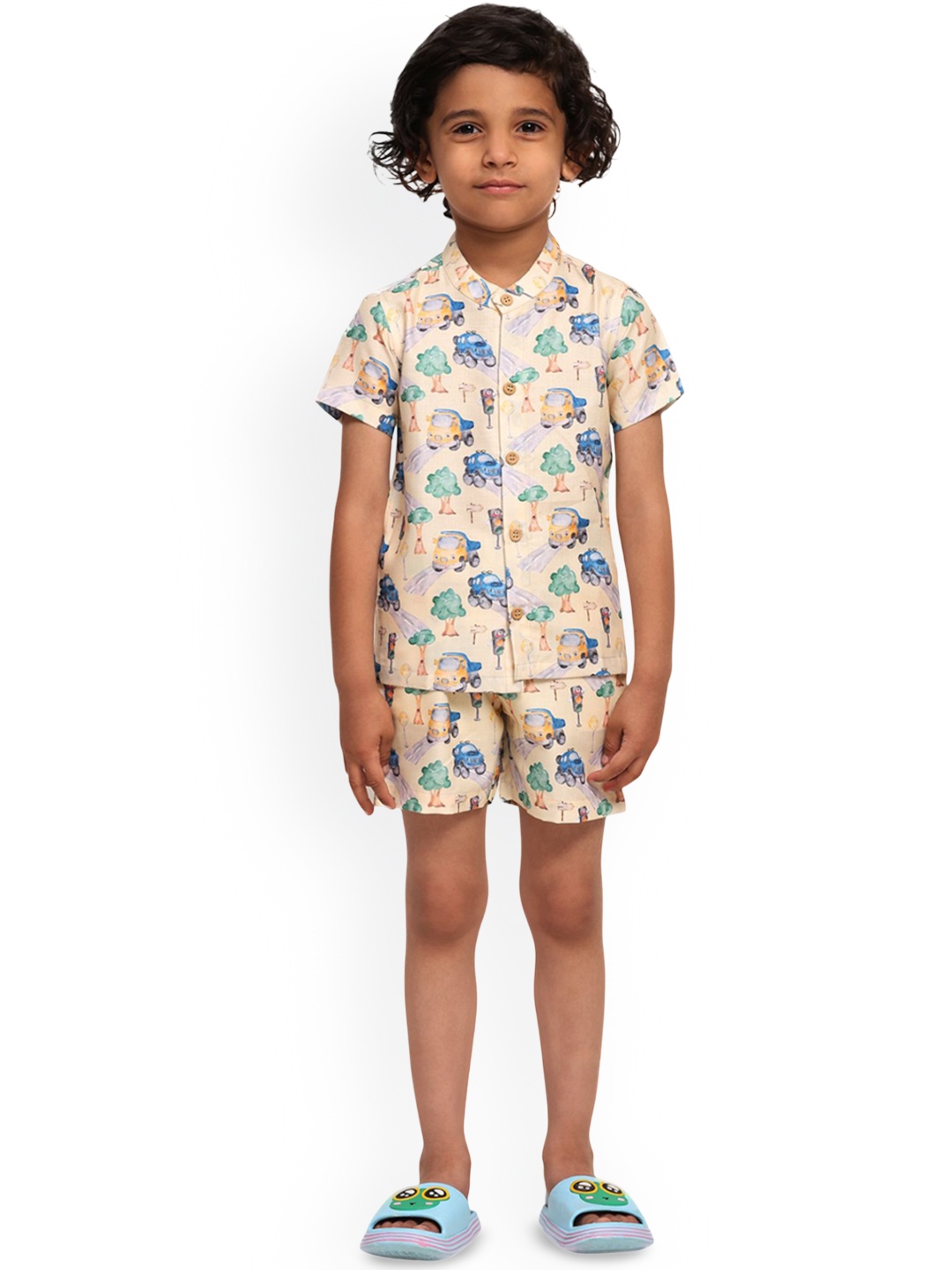 

Funny Bones Clothings Boys Truck Printed Shirt With Shorts, Cream