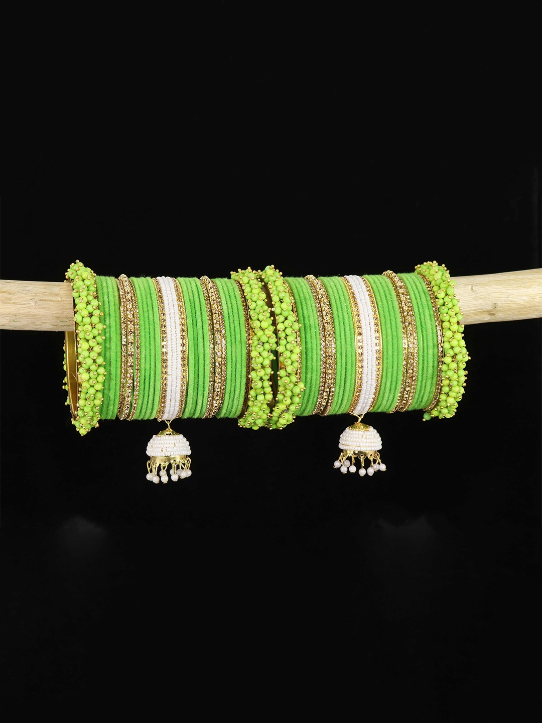 

ZULKA Pack Of 30 Gold Plated Zircon Stone & Beads Chuda Bangles, Green