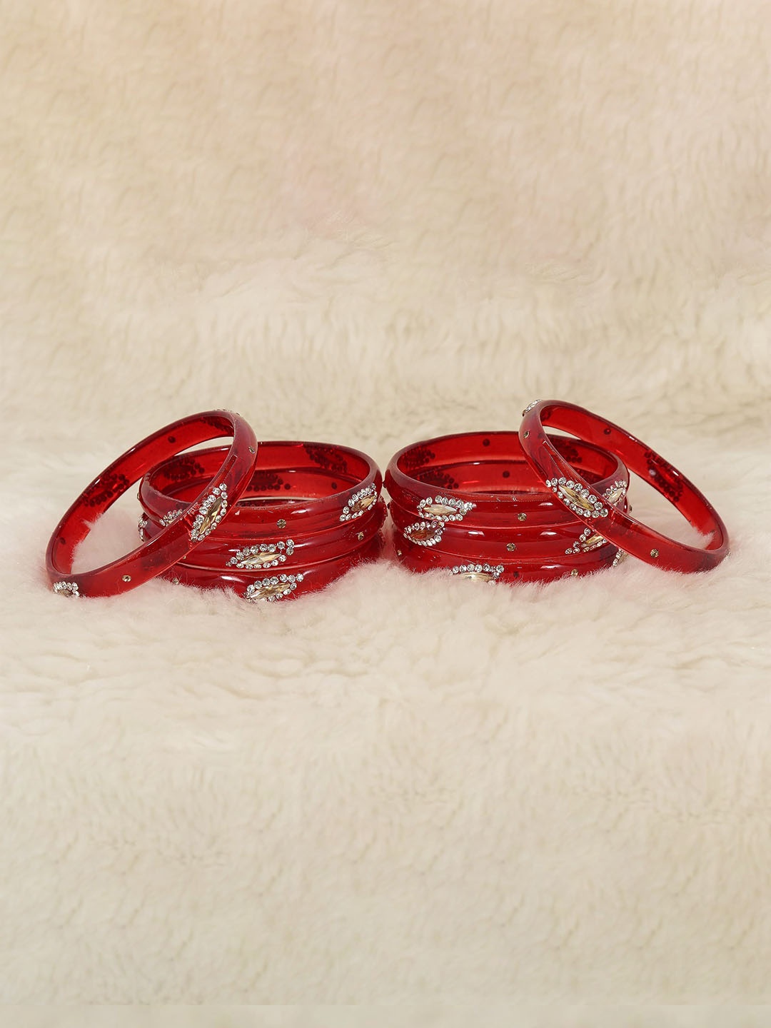 

ZULKA Set of 8 Zircon Gemstone Studded Glass Bangles, Red