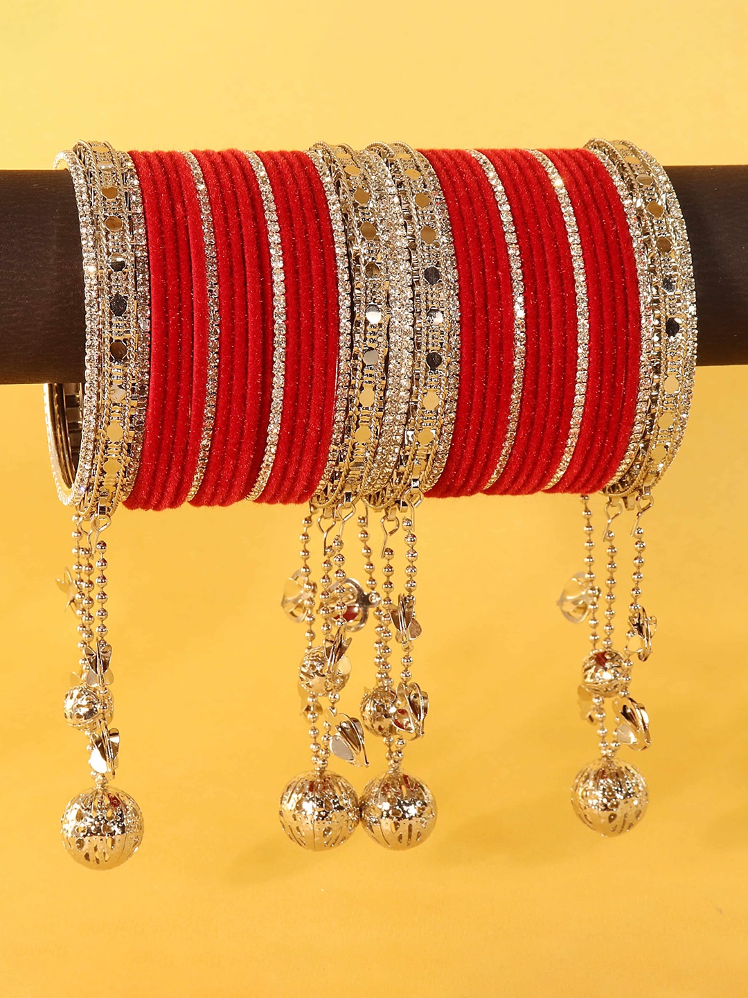 

ZULKA Set of 32 Fancy Silver Latkan Metal Bangles with Zircon Stone Bangle, Maroon