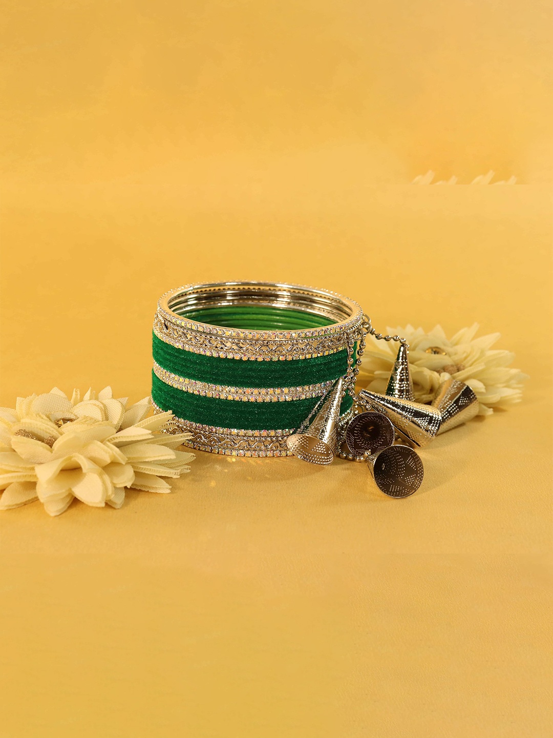

ZULKA Set of 32 Fancy SLatkan Metal Bangles with Zircon Stone Bangle, Green