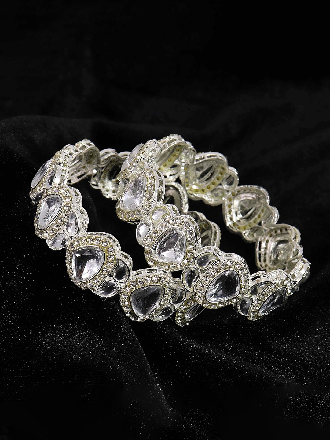

ZULKA Set Of 2 Silver Plated Metal Zircon Diamond & Kundan Mirror Bangles Kada