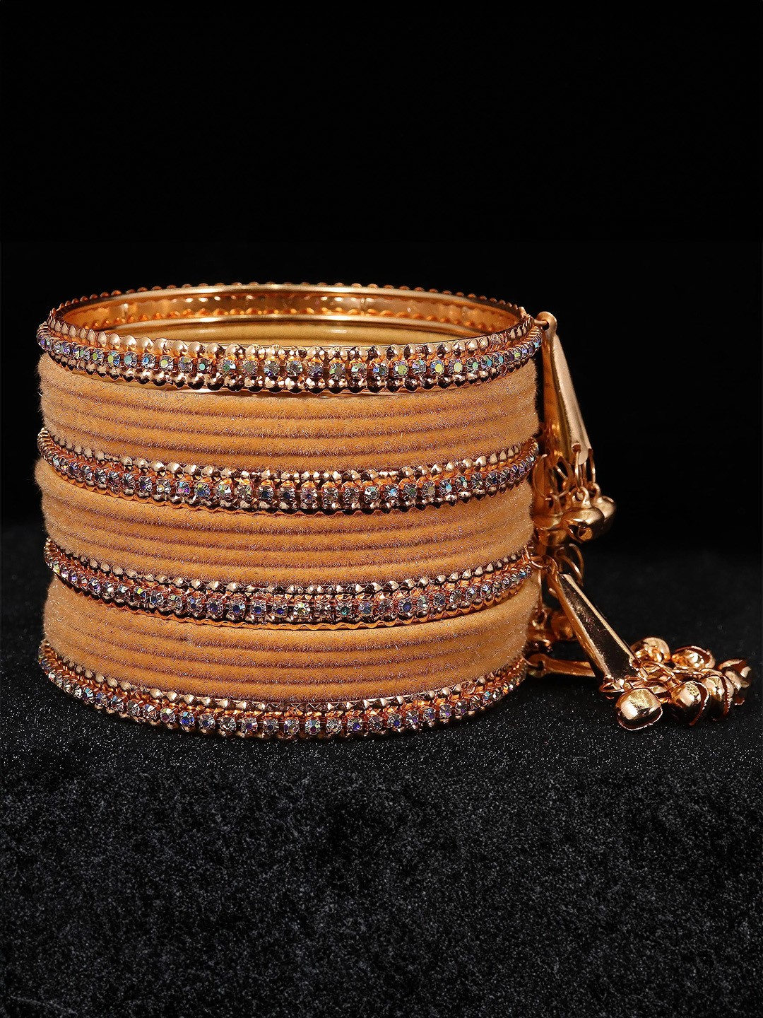 

ZULKA Set of 16 Metal with Zircon Gemstone and Velvet Studded Latkan Bangles, Blue