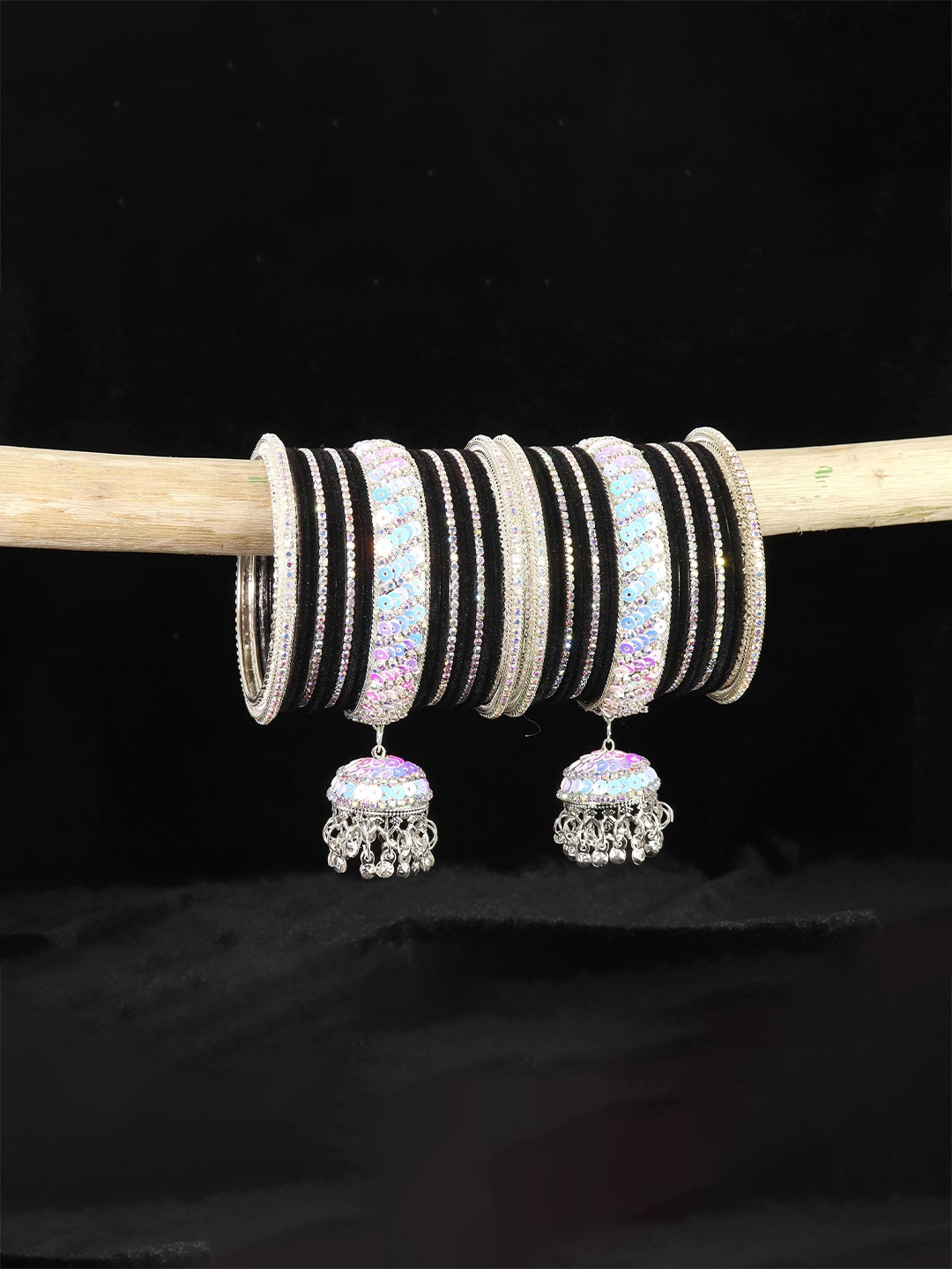 

ZULKA Set of 32 Glass with Velvet & Zircon Diamond Stone Bangles, Black