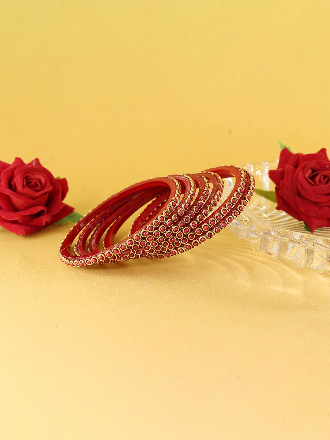 

ZULKA Set of 4 Glass with Zircon Gemstone and Beads Studded Glossy Finished Kada For Women, Maroon
