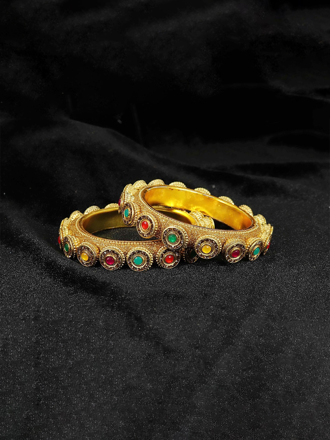 

ZULKA Set OF 2 Gold Plated Metal with Zircon Stones & Beads Rajwadi Kada Bangles