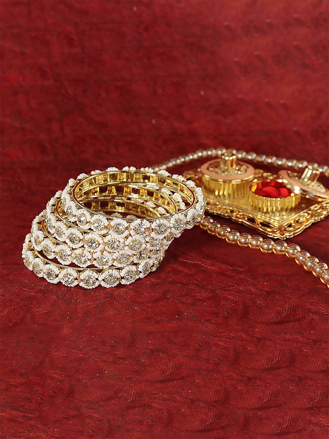 

ZULKA Set of 4 Metal White Moti Bangles with Zircon Diamond Stone For Women, Gold